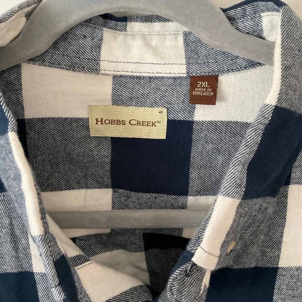 Hobbs Creek Mens 2XL Flannel Shirt  Blue White Buffalo Plaid Cotton Button Up - Picture 2 of 9